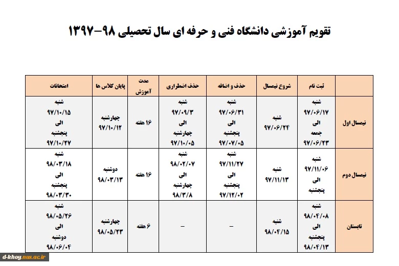 تقویم آموزشی دانشگاه فنی و حرفه ای سال تحصیلی 98-1397
