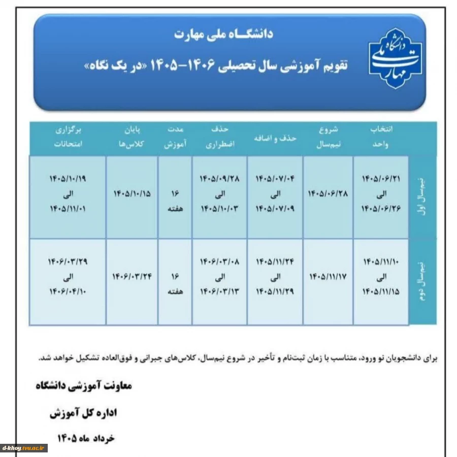 تقویم آموزشی سال تحصیلی ۱۴۰۵/۱۴۰۶ در یک نگاه 2